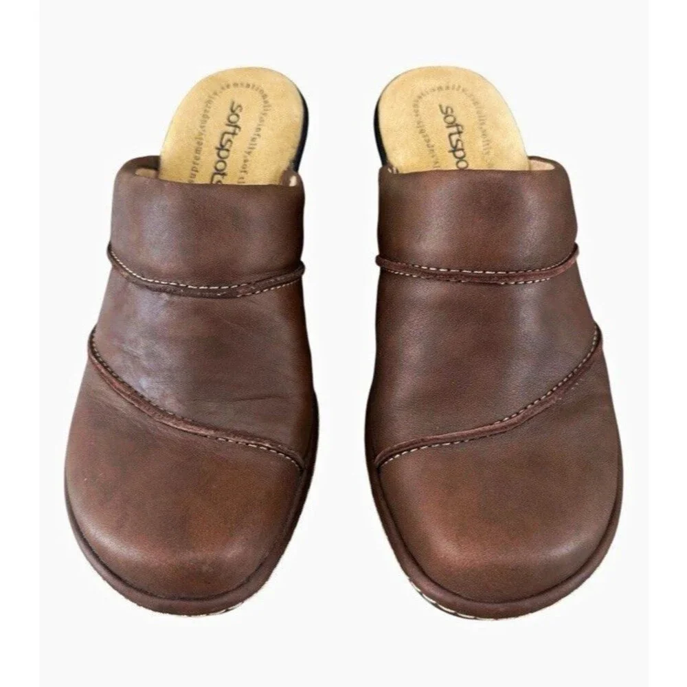 Softspots Women’s Brown Leather Slip-On Mule Wedge Heel Round Toe, Stitching